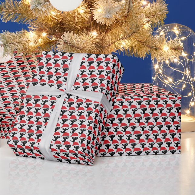 Papel De Presente Gato festivo bonito com moderno Red Santa Hat (Feriados)