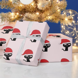 Papel De Presente Gato festivo com padrão moderno Red Santa Hat