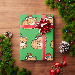 Papel De Presente Gato Festivo de Natal - Gato Fofo com Chapéu de Pa