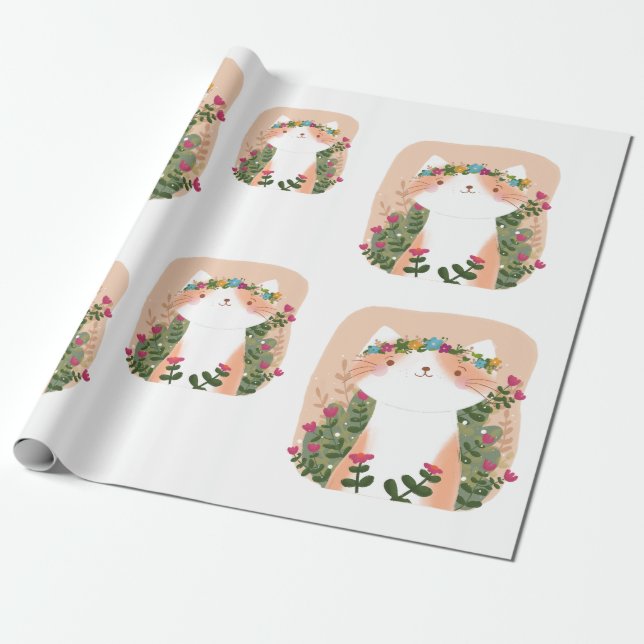 Papel De Presente Gato Floral Bonito (Desenrolado)
