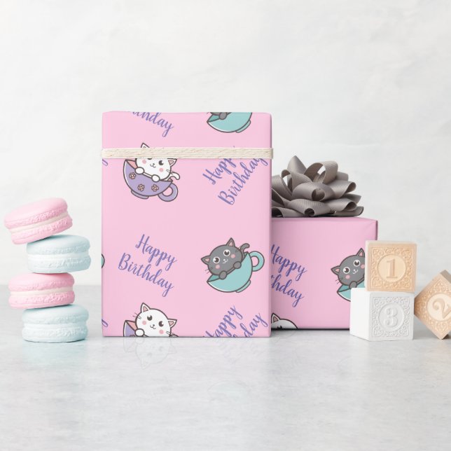 Papel De Presente Gato fofo de aniversário no copo rosa (Chá de bebê)