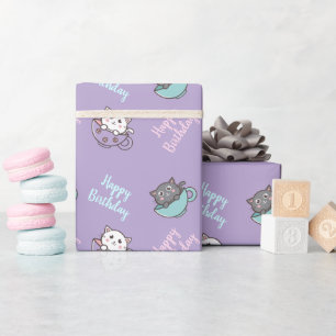 Papel De Presente Gato fofo de aniversário no copo roxo