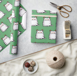 Papel De Presente Gato Fofo e Gorducho com Dois Chapéus de Natal