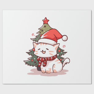 Papel De Presente Gato fofo vestindo chapéu de Papai Noel perto da á
