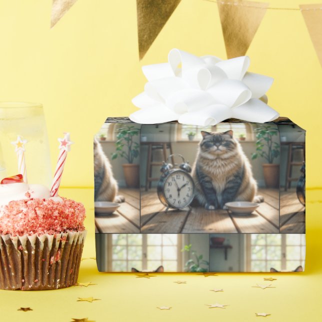 Papel De Presente Gato Gordo Esperando por uma tigela de Comida vazi (Festa de aniversário)