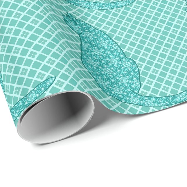Papel De Presente Gato Japonês - Turquoise Kimono Impressão (Ponta do rolo)