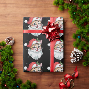 Papel De Presente Gato Kitty Fofo Retro com Chapéu de Natal Rosa Nat