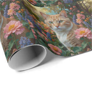 Papel De Presente Gato laranja branco bonito em jardim floral