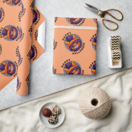 Papel De Presente Gato Laranja com Chapéu de Bruxa Roxo Feliz Hallow