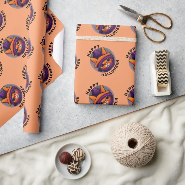 Papel De Presente Gato Laranja com Chapéu de Bruxa Roxo Feliz Hallow (Artesanato)