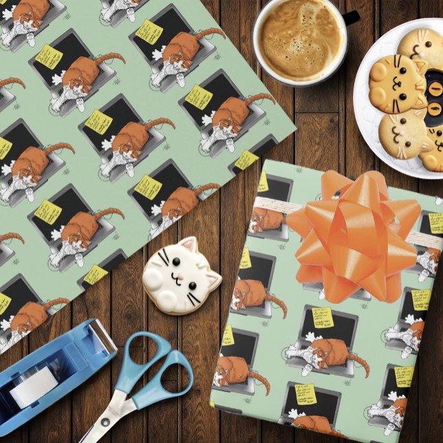 Papel De Presente Gato Laranja Engraçado Notebook Verde Trabalho Cas (Criador carregado)