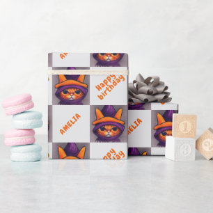 Papel De Presente Gato Laranja Feliz Aniversário Crianças Aniversári
