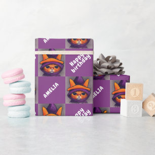Papel De Presente Gato Laranja Feliz Aniversário Crianças Aniversári