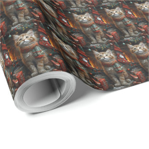 Papel De Presente Gato Maine Coon Com Presentes de Natal Lareira