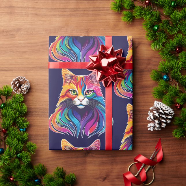 Papel De Presente Gato Maine Coon Retrato Arco-Íris Cores (Presente de Natal)