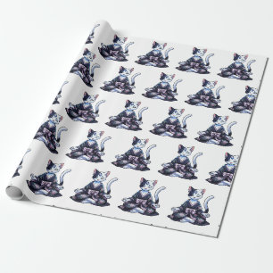 Papel De Presente Gato Místico Meditando em Quimono Floral