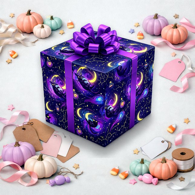 Papel De Presente Gato Místico Roxo Cósmico de Halloween (Criador carregado)