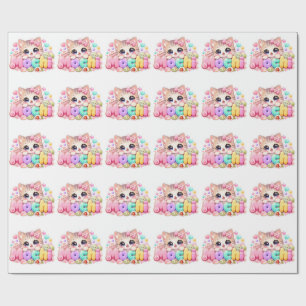 Papel De Presente Gato Mochi Kawaii Fofo Nome Rosa Pastel Brilhante 