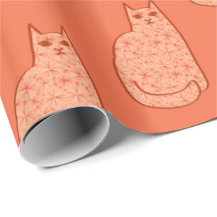 Papel De Presente Gato Moderno de Meados do Século, Coral Laranja e