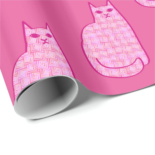 Papel De Presente Gato Moderno do Século médio, Fúchsia e Rosas clar (Ponta do rolo)