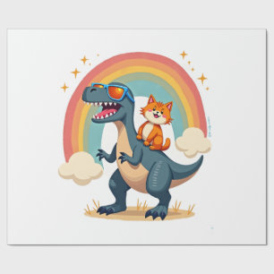 Papel De Presente Gato Montando Dinossauro T-Rex Gatinho Arco-Íris D