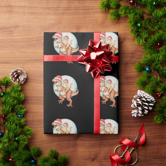 Papel De Presente Gato Montando Dinossauro T Rex Lua Natal Xmas (Presente de Natal)
