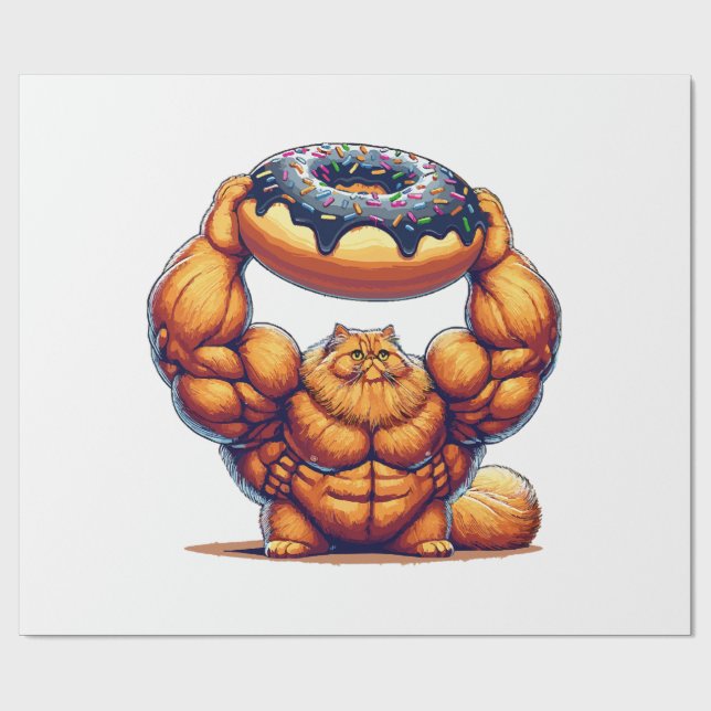 Papel De Presente Gato Musculoso Levantando Donut (Aberto)