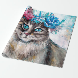 Papel De Presente Gato na pintura de óleo de coroa floral na canvas.