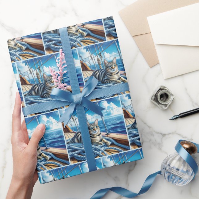 Papel De Presente Gato Náutico Tabby Em Cabos De Barco (Presentear)