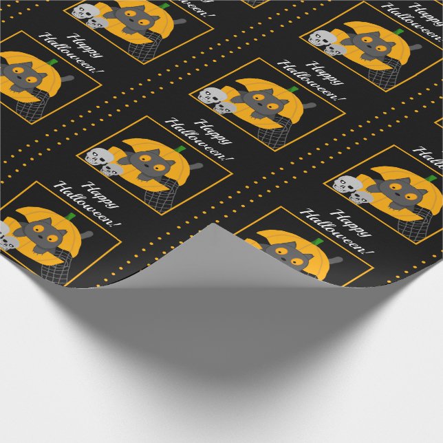 Papel De Presente Gato Negro Pumpkin Skulls Crianças Halloween (Ponta)