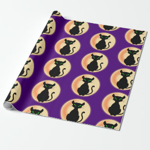 Papel De Presente Gato Negro Spooky com padrão de olhos verdes