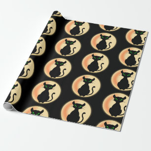 Papel De Presente Gato Negro Spooky com padrão de olhos verdes