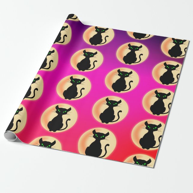 Papel De Presente Gato Negro Spooky com padrão de olhos verdes (Desenrolado)