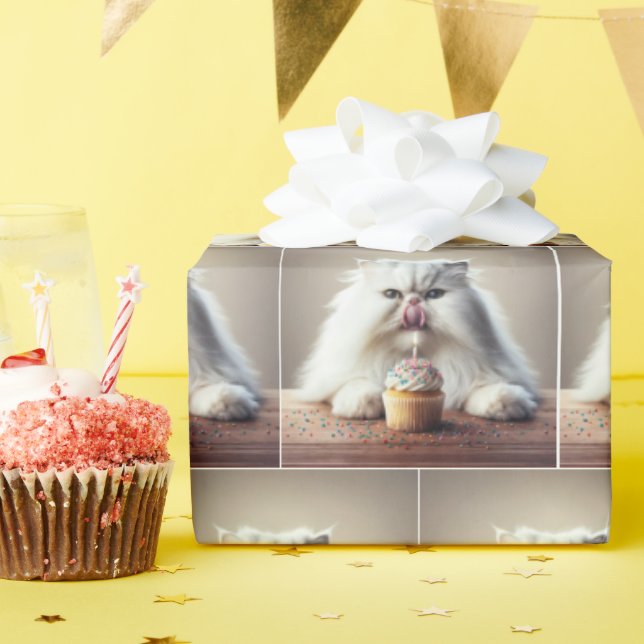 Papel De Presente Gato Persa Branco Com Cupcake De Aniversário (Festa de aniversário)