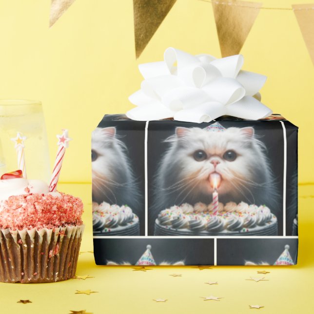 Papel De Presente Gato Persa com Bolo de Aniversário (Festa de aniversário)