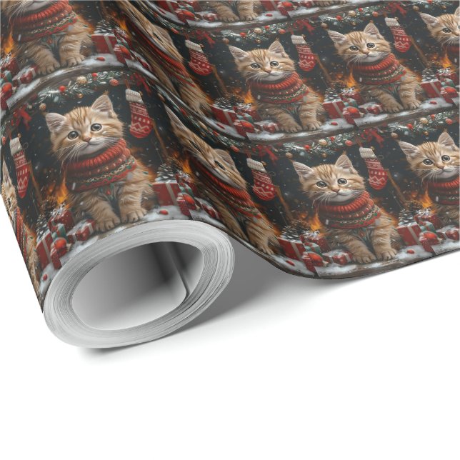 Papel De Presente Gato Persa com Presentes de Natal Lareira (Ponta do rolo)