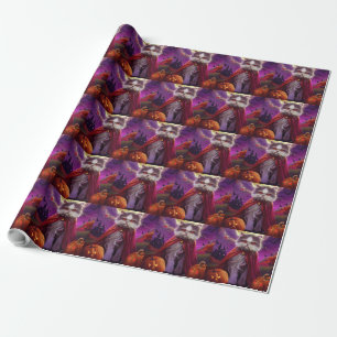 Papel De Presente Gato Persa de Halloween Abóboras Vampiro Assustado