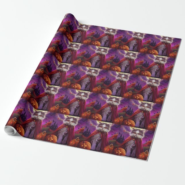 Papel De Presente Gato Persa de Halloween Abóboras Vampiro Assustado (Desenrolado)