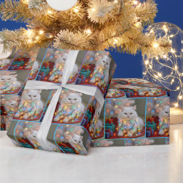 Papel De Presente Gato Persa de Natal Enroscado em Luzes de Festa