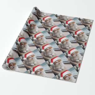 Papel De Presente Gato persa maravilhoso com chapéu de Papai Noel