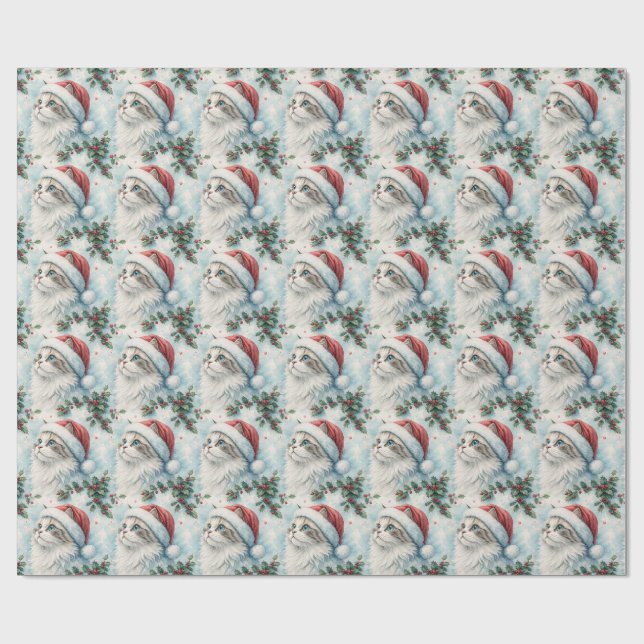 Papel De Presente Gato Persa Natal Azevinho Aquarela (Aberto)