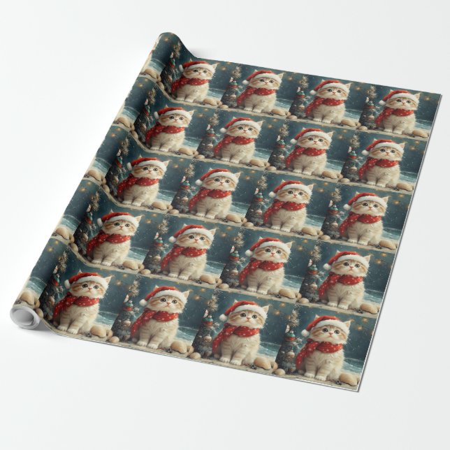 Papel De Presente Gato Persa  Natal Praia Vintage (Desenrolado)