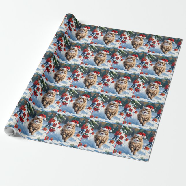 Papel De Presente Gato Persa Sentado na Neve com Chapéu de Natal (Desenrolado)