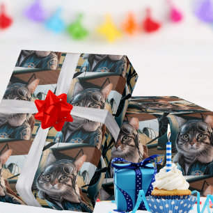 Papel De Presente Gato Piloto de Aniversário & Avião Legal Divertido