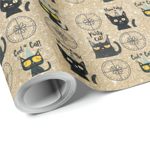 Papel De Presente Gato preto-branco e Partido da Mata-Glitter Dourad