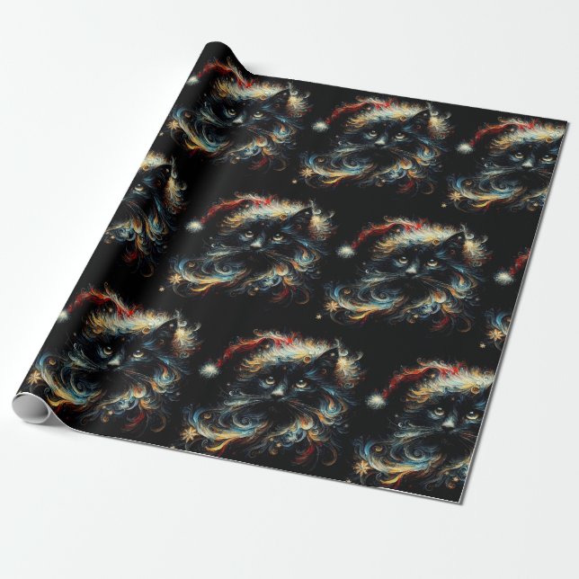 Papel De Presente Gato Preto Caprichoso Chapéu de Natal Decoupage (Desenrolado)
