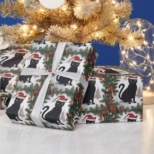 Papel De Presente Gato Preto com Árvore de Natal e Ornamentos