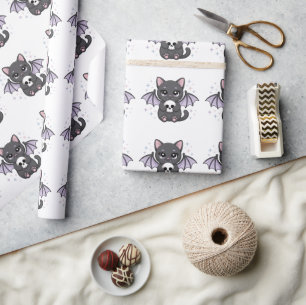 Papel De Presente Gato Preto com Asas de Morcego Roxas Abraçando uma