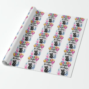 Papel De Presente Gato Preto com Balões