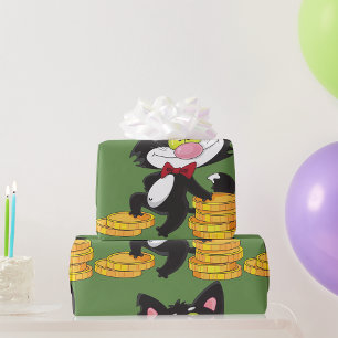 Papel De Presente Gato Preto Com Moedas Personagem Fofa de Dinheiro
